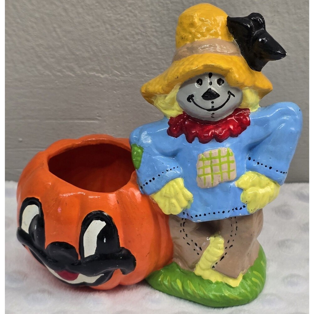 Vintage Hand Painted Halloween Ceramic Scarecrow Pumpkins Figure Fall Decor 80s